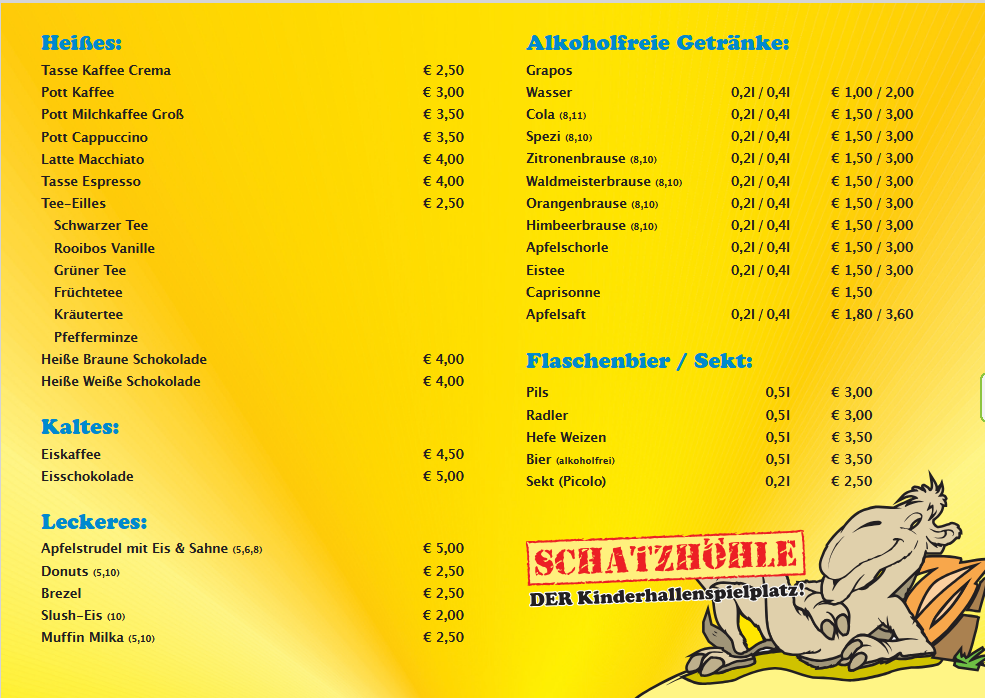 Die Getränkekarte für unsere Schatzhöhle Meerane (Stand 05/2025)